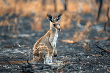 A tired kangaroo is sitting in the middle of a burned Australian forest. Wild bush forest fire. Wild animal in the midst of wasteland after a fire. Environmental concept