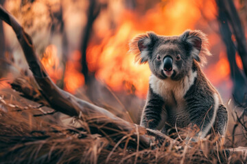A tired koala is sitting in the middle of a burned Australian forest. Wild bush forest fire. Wild animal in the midst of wasteland after a fire. Environmental concept