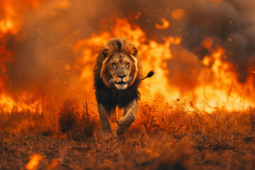 Lion runs from burning savannah. Wild grasslands fire. Wild animal in the midst of fire and smoke. Environmental concept