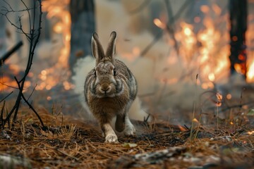 Rabbit runs from burning forest. Wild forest fire. Wild animal in the midst of fire and smoke. Environmental concept