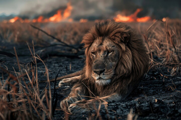 A tired lion is sitting in the middle of a burned savannah. Wild grasslands fire. Wild animal in the midst of wasteland after a fire. Environmental concept