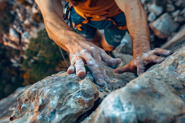 a rock climber's hands gripping a cliff edge as they reach for the next hold, showcasing the determination and skill of climbing