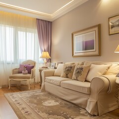 Elegant Living Room with Beige Sofa and Lavender Curtains, Featuring Wall Art and Cushions, Ideal for Home Decor and Interior Design Inspiration