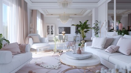 Bright Living Room Interior with White Sofa and Large Windows, Featuring Modern Design and Elegant Style, Perfect for Home Decor and Interior Design Inspiration.