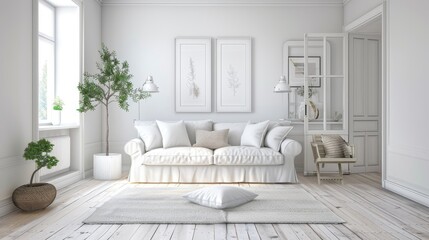 Fototapeta premium Minimalist Living Room Interior with White Sofa and Bright Atmosphere, Featuring Modern Design and Elegant Style, Ideal for Home Decor and Interior Design Inspiration.