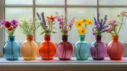 A set of small vases in different colors, each filled with flowers and arranged on the white background to create an artistic display. 