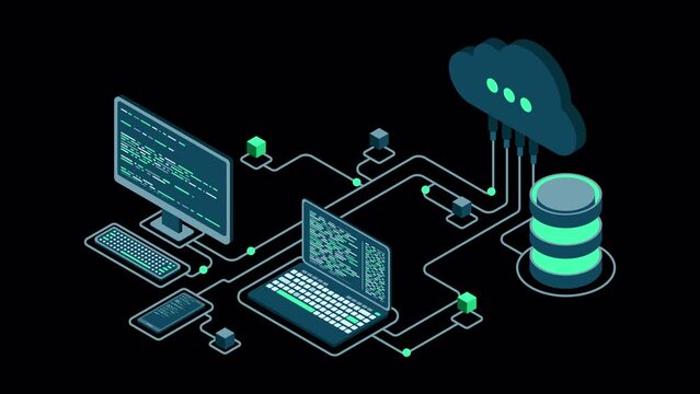 Cloud technology computing animation. Modern cloud technology. Data center isometric concept. Isometric cloud technology with datacenter. Web hosting concept. Transparent background with alpha channel