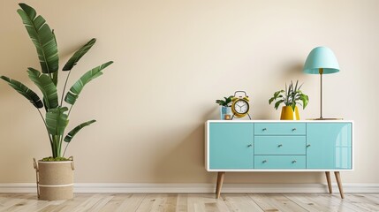 Contemporary living room with blue console table, green plants, and natural light. Ideal for modern home design and stylish interiors.