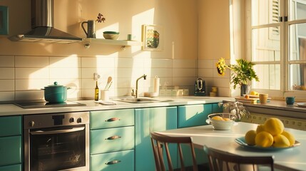 Fototapeta premium Modern kitchen with yellow cabinets, wooden countertops, and natural light. Perfect for contemporary kitchen design and bright home interiors.