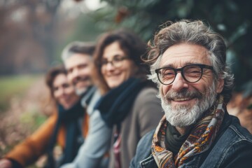Portrait of happy senior couple with their family in the autumn park