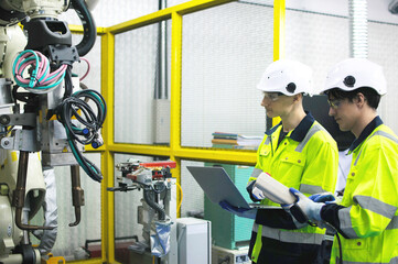 Engineer check and control welding robotics automatic arms machine in intelligent factory automotive industrial with monitoring system software. Digital manufacturing operation.