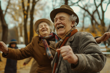Two older people are smiling and dancing in the park