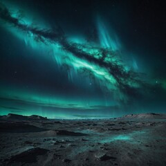 "Celebrate the milestones of space exploration."Background: Turquoise aurora over a lunar landscape.