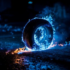 Illuminate the night with the fiery glow of a car tire ablaze, casting shadows in the deepest hues of indigo. Witness the dance of flames against the backdrop of a midnight sky.