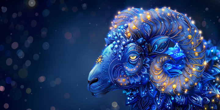 A blue ram standing boldly against a dark background astrological signs