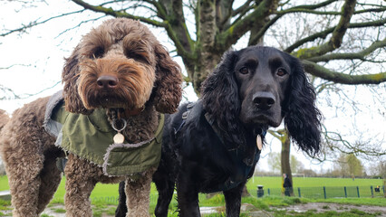 A pack of cute and happy dog friends of various breed, age and size are hanging out together in a green park on a sunny day enjoying their group dog walk - dog walking, pet sitting, dog day care