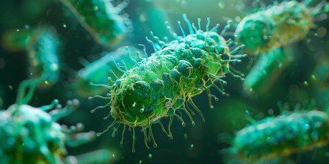 Detailed view of green bacteria under a microscope