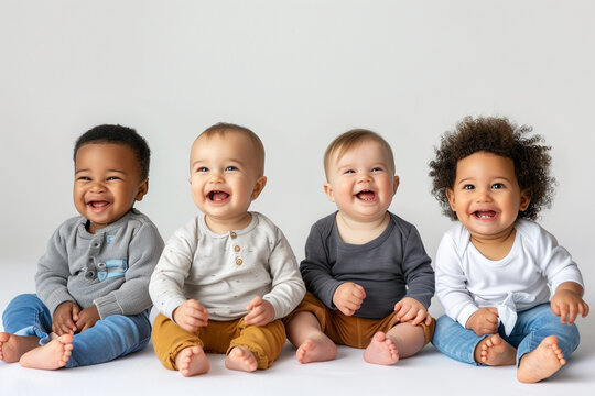 A group of four babies are sitting together and smiling. Multiracial group of toddlers, kids diversity
