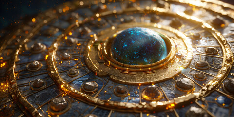 Golden disc showcasing a striking blue stone at the center birth charts