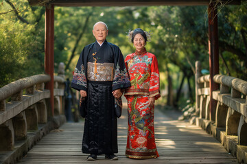 Fototapeta premium A couple in traditional Chinese clothing pose for a photo