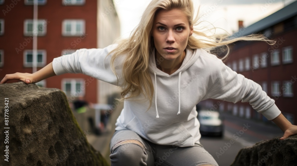 Wall mural athletic blonde woman wearing a white hooded sweatshirt and gray sweatpants, posing in an urban setting with buildings in the background. - Wall murals