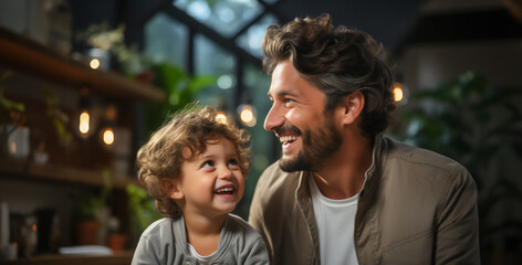 Fototapeta premium Portrait of father and son. Caucasian middle age male with boy, smiling and happy. Father's Day concept.