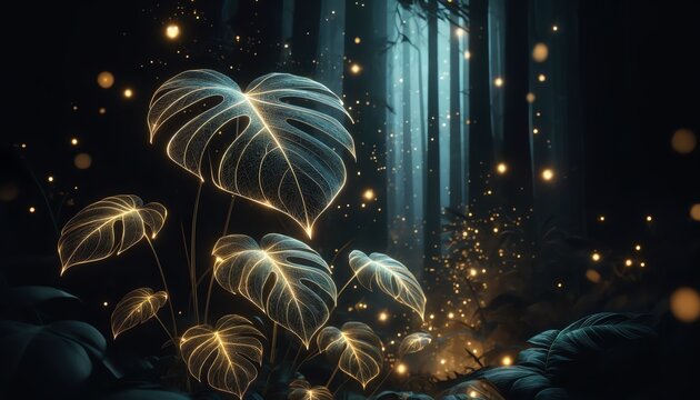 An abstract background image of Monstera accuminata with magical lights in a forest