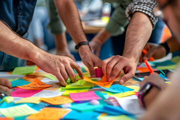 Obraz premium a diverse group of people engaged in a brainstorming session, highlighting teamwork and collaboration in a modern workplace
