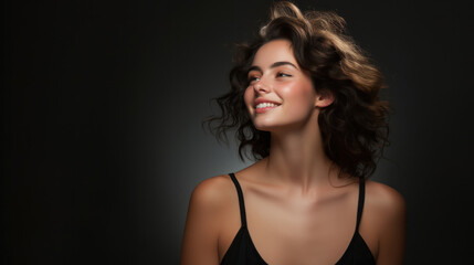 Naklejka premium Portrait of Young Attractive Woman Smiling with Curly Hair in Studio Lighting