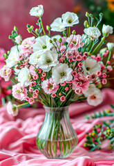 Bouquet of flowers in a vase on a pink background
