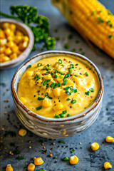 Sweet corn sauce with fresh green onions and chopped parsley in a ceramic bowl on a gray background.