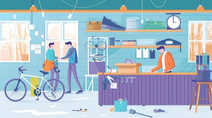 A young man is standing in a bicycle repair shop