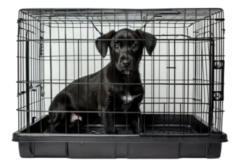 Black puppy in a wire crate looking out, cut out - stock png.