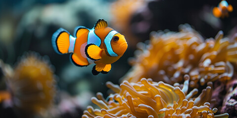 A clown fish gracefully swims among the tentacles of an anemone in the ocean