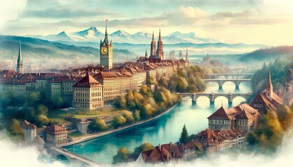 watercolor painting featuring significant landmarks of Bern, Switzerland, including the Zytglogge clock tower, the Federal Palace, and the Cathedral of Bern. 