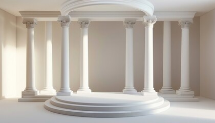 Fototapeta premium An ancient Greek or Roman-themed podium with columns, rendered in white, ideal for displaying products in a classic and elegant environment with minimalistic design