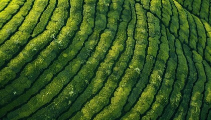 An aerial view of a green tea field, showcasing the lush patterns of the plantation from above, ideal for backgrounds related to agriculture, organic farming, and landscape views - Powered by Adobe