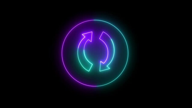 Arrow symbol icon glowing neon animation with circle in black background