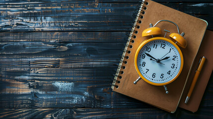 Stylish alarm clock with notebook on dark wooden background - Powered by Adobe