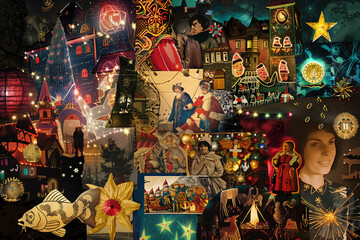 Obraz premium Collage of Christmas lights and decorations compiled into a festive collage