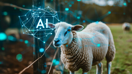 a farm with sheeps controlled by Ai technology