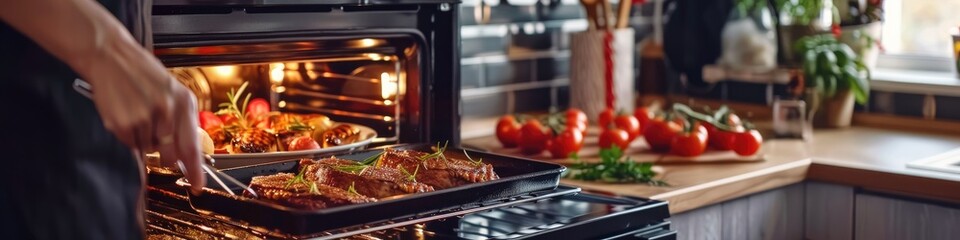 a woman bakes pork steaks in the oven. selective focus