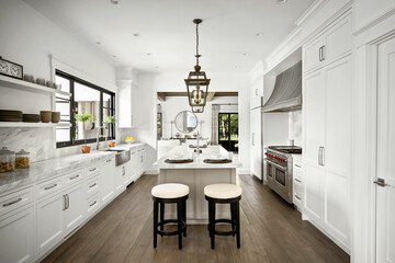 Modern kitchen with an island countertop featuring barstools and a sleek design