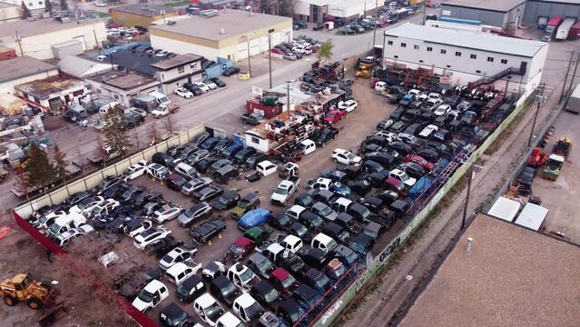 Aerial shot of a wrecked car yard in Calgary, Alberta.