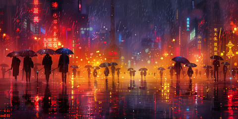 Fototapeta premium A painting depicting people silhouette walking in the rain, carrying umbrellas to shield themselves