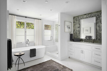 Elegant and modern bathroom with clean white walls and shining gray marble counter tops
