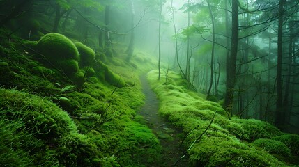 Journey through a mystical forest shrouded in mist, where a deep emerald tire silently traverses the moss-covered pathways, blending seamlessly with the enchanting surroundings.
