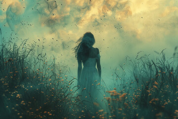 A woman in a white dress stands amidst a field of green grass escapism