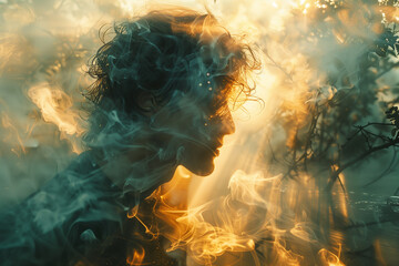 A man standing in a forest with smoke coming out of his hair escapist