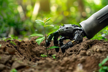 Robot hand planting a small tree in a hole in ground on green blurred background, wallpaper. Sustainable technology, eco-friendly tech artificial intelligence in agriculture concept.